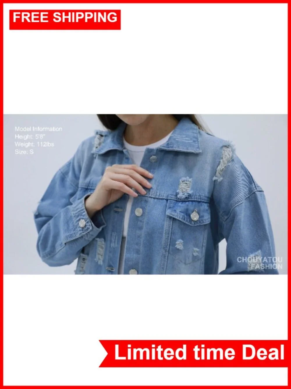 Ripped Holes Maxi Long Denim Jacket Trench Coat Button Front Frayed Hem